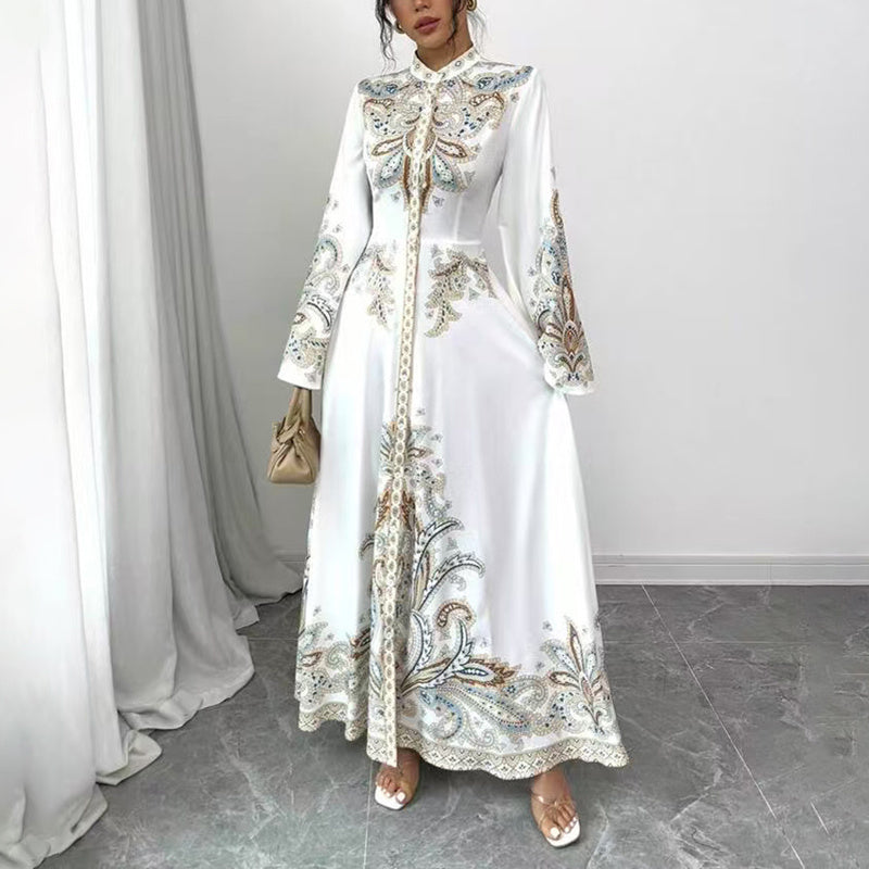 Boho Elegant White Long Sleeve Maxi Dress. Embroidered Paisley Pattern with Flared Sleeves & Fitted Waist