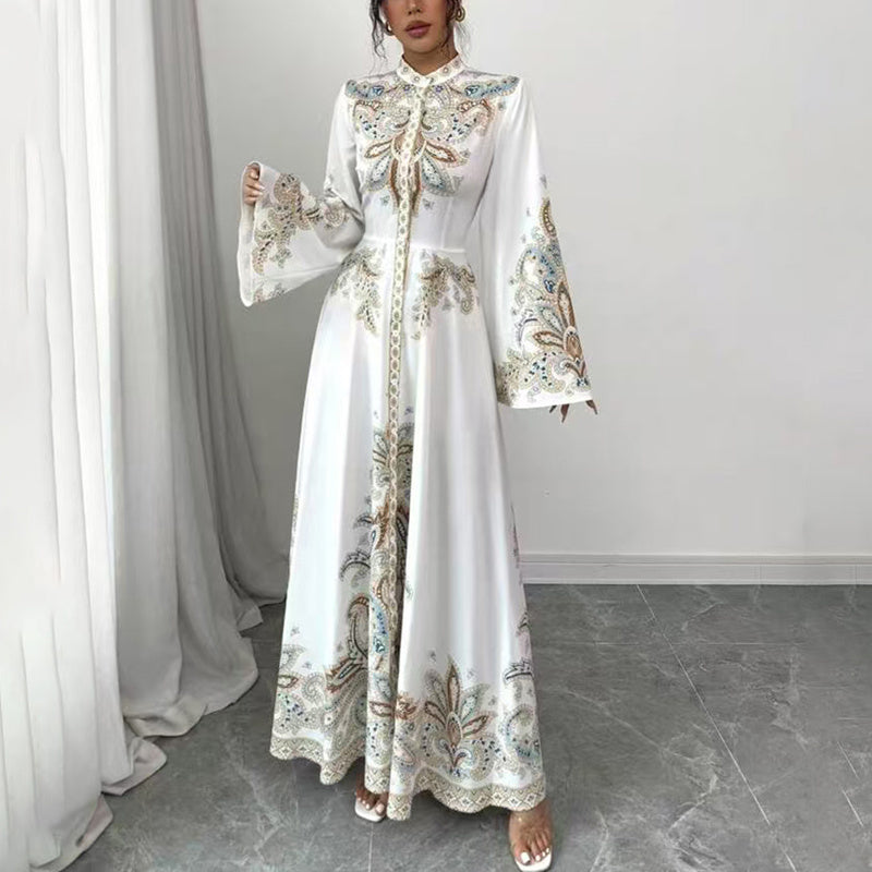 Boho Elegant White Long Sleeve Maxi Dress. Embroidered Paisley Pattern with Flared Sleeves & Fitted Waist