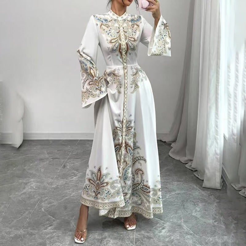 Boho Elegant White Long Sleeve Maxi Dress. Embroidered Paisley Pattern with Flared Sleeves & Fitted Waist