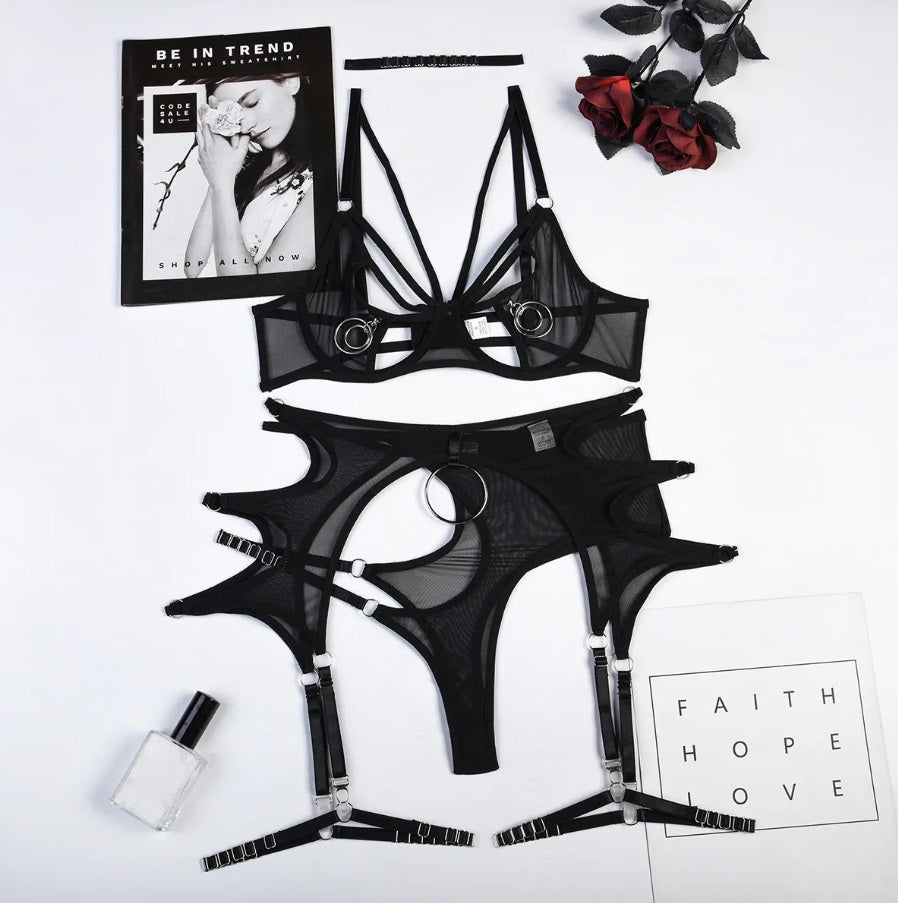 4-piece sheer thong set with choker, graters and cut-open bra