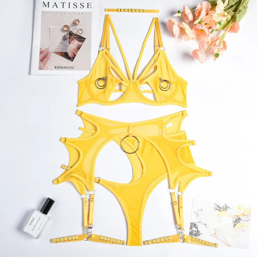 4-piece sheer thong set with choker, graters and cut-open bra