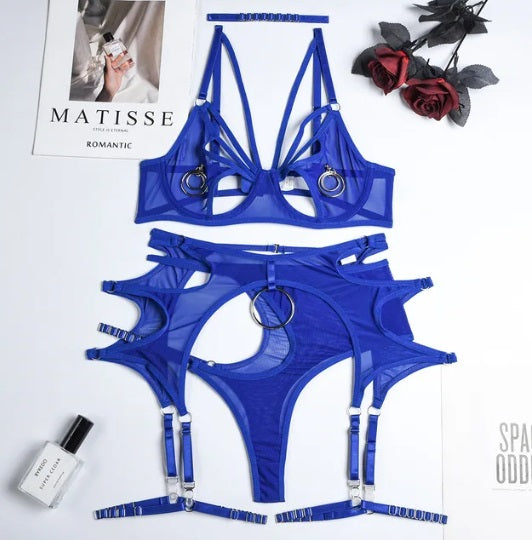 4-piece sheer thong set with choker, graters and cut-open bra