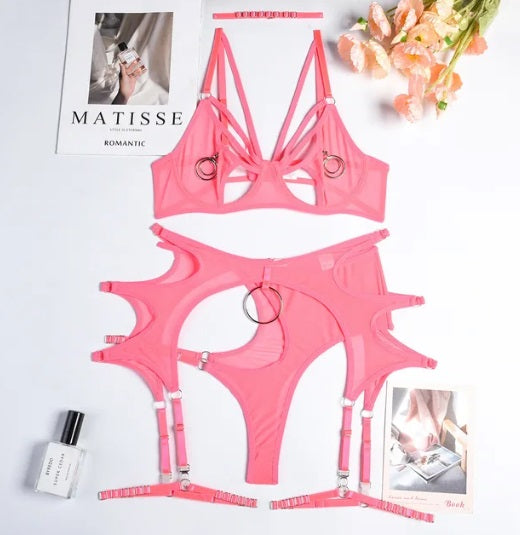 4-piece sheer thong set with choker, graters and cut-open bra