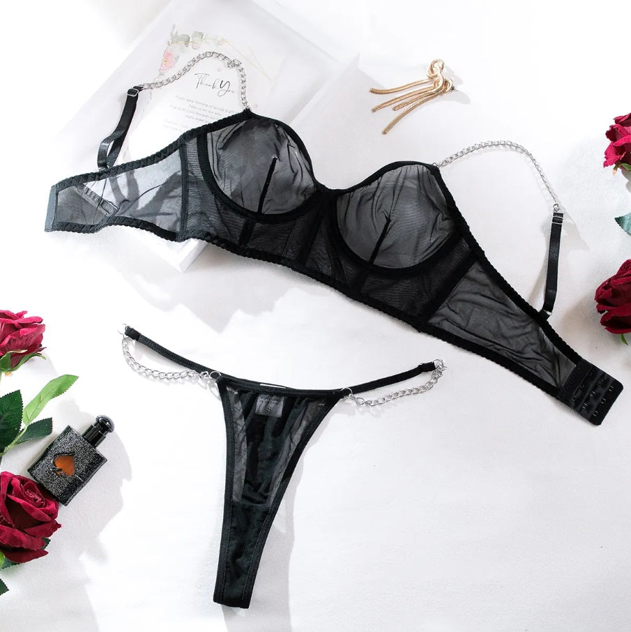 2 Piece Sheer Bra and Thong Set with Chain Straps