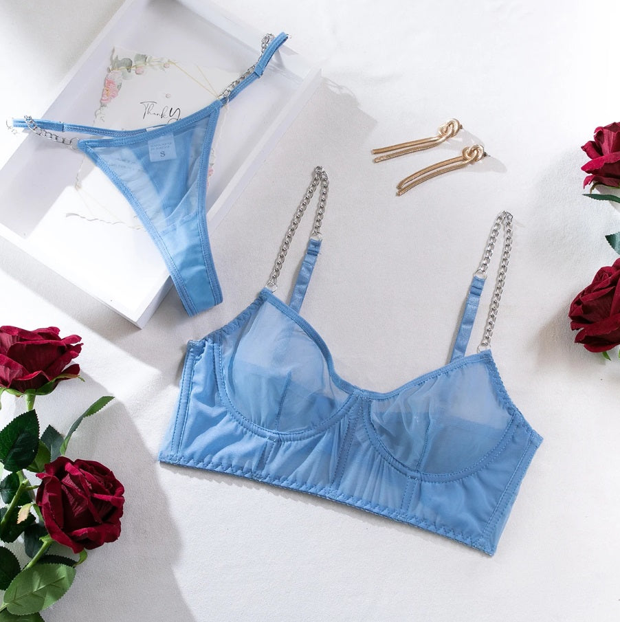 2 Piece Sheer Bra and Thong Set with Chain Straps