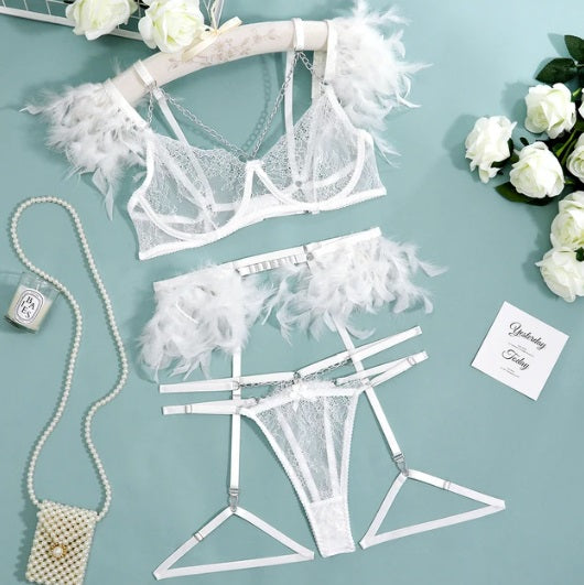 3 Piece Feather Lace Lingerie