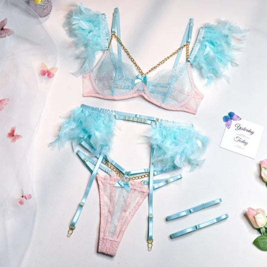 3 Piece Feather Lace Lingerie