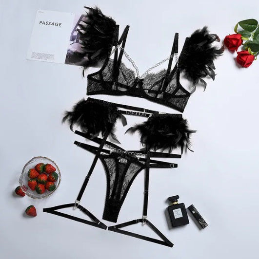 3 Piece Feather Lace Lingerie
