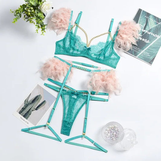 3 Piece Feather Lace Lingerie