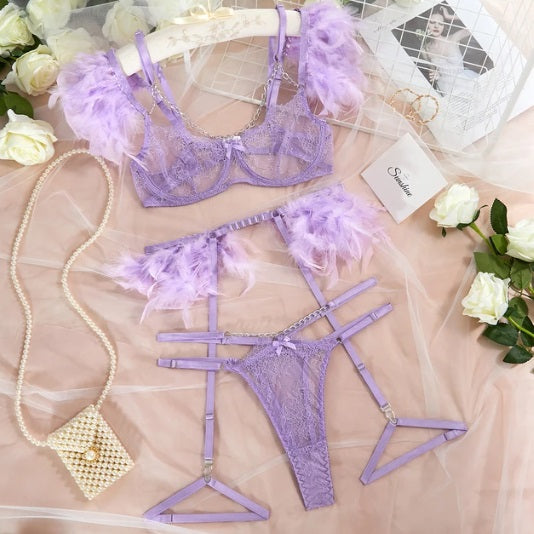 3 Piece Feather Lace Lingerie