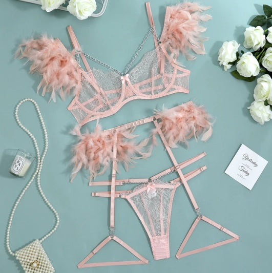 3 Piece Feather Lace Lingerie