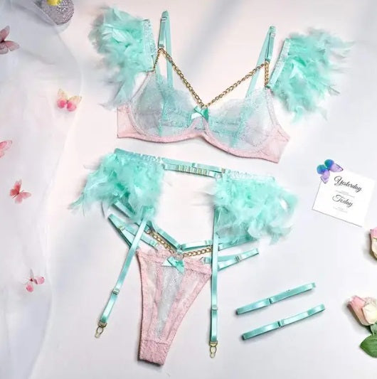 3 Piece Feather Lace Lingerie