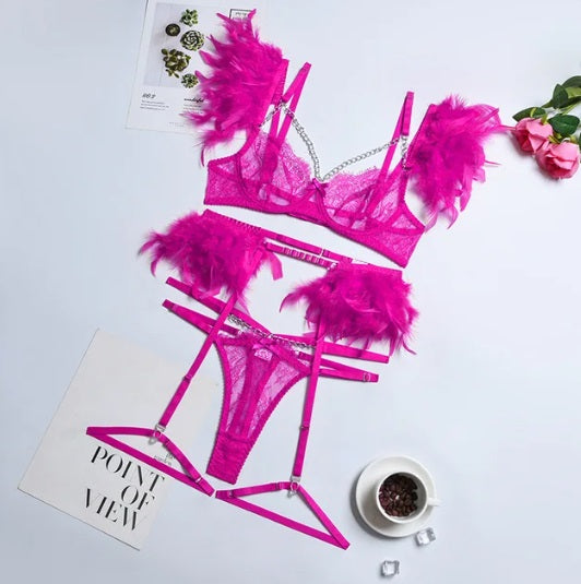 3 Piece Feather Lace Lingerie
