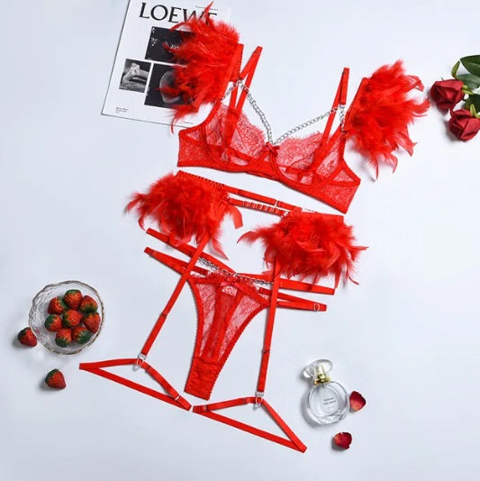 3 Piece Feather Lace Lingerie