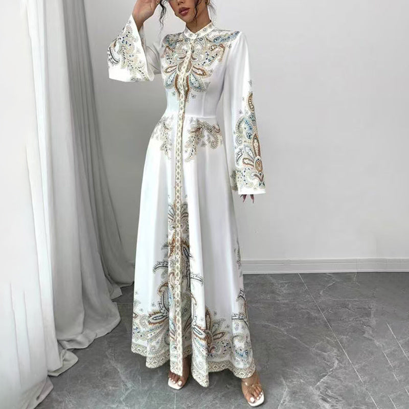 Boho Elegant White Long Sleeve Maxi Dress. Embroidered Paisley Pattern with Flared Sleeves & Fitted Waist