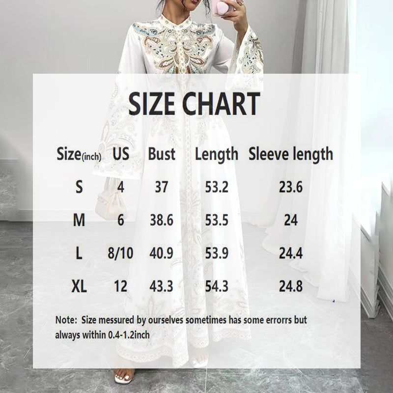 Boho Elegant White Long Sleeve Maxi Dress. Embroidered Paisley Pattern with Flared Sleeves & Fitted Waist