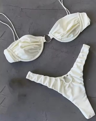 2 Pieces Ring Buckle Ruched Bikini Set