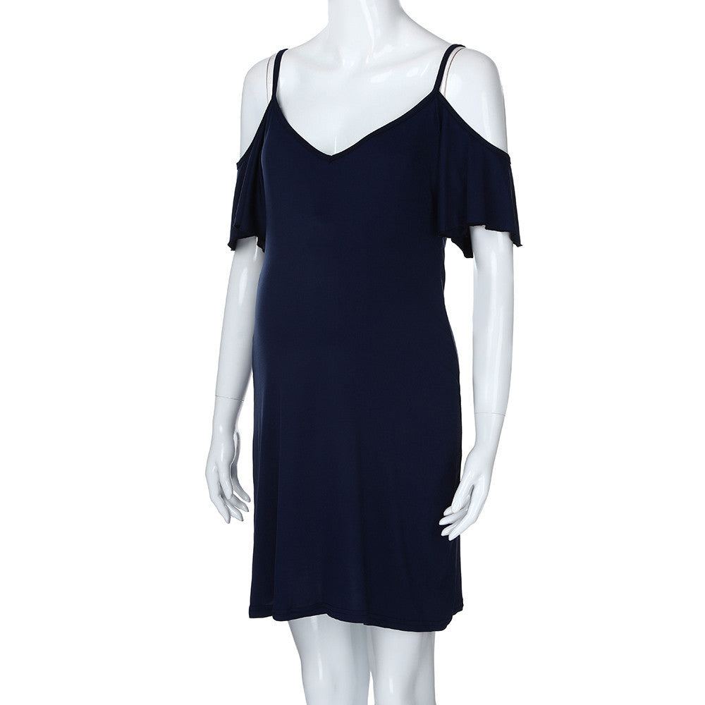 Off-Shoulder Navy Maternity Dress – Flutter Sleeve Pregnancy Style for Special Occasions & Casual Days
