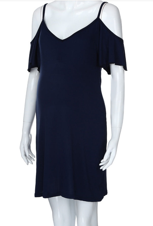 Off-Shoulder Navy Maternity Dress – Flutter Sleeve Pregnancy Style for Special Occasions & Casual Days