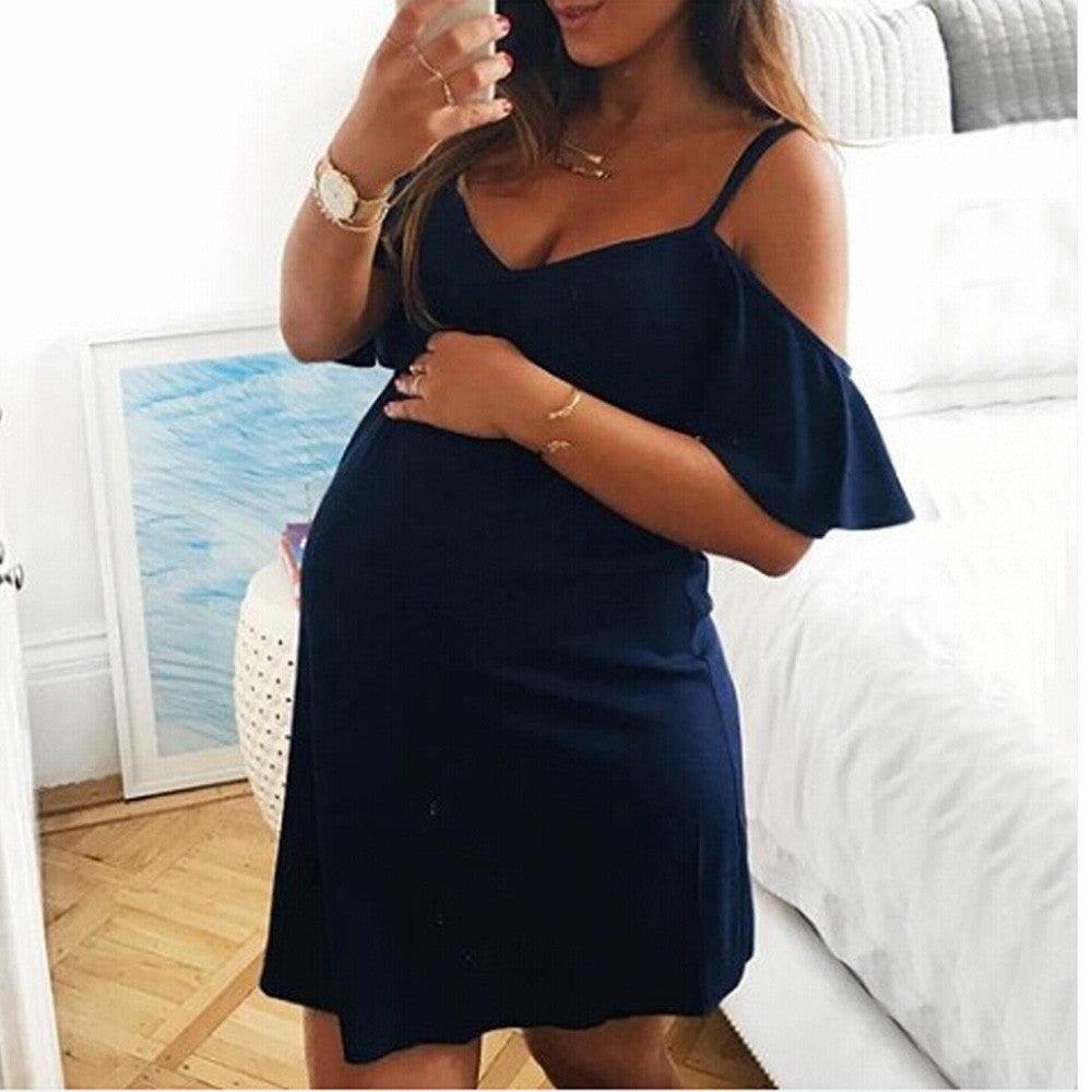 Off-Shoulder Navy Maternity Dress – Flutter Sleeve Pregnancy Style for Special Occasions & Casual Days