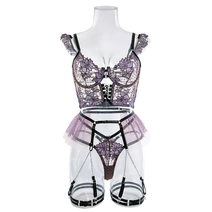 Sexy Intimate 4 Piece Lace - Chains Lingerie Set