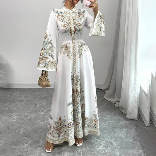 Boho Elegant White Long Sleeve Maxi Dress. Embroidered Paisley Pattern with Flared Sleeves & Fitted Waist